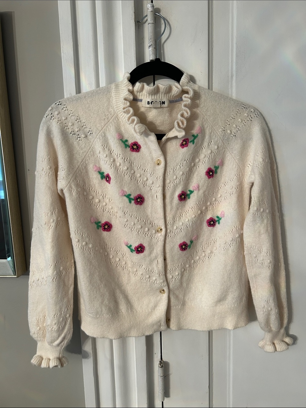 Boden Cream Cardigan with Pink Floral Embroidery and Ruffled Trim